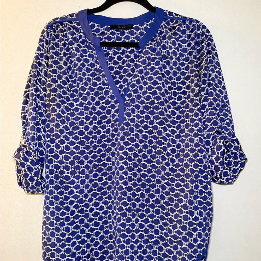 Blue & White Geometric Top, 3/4 Sleeves, Size L